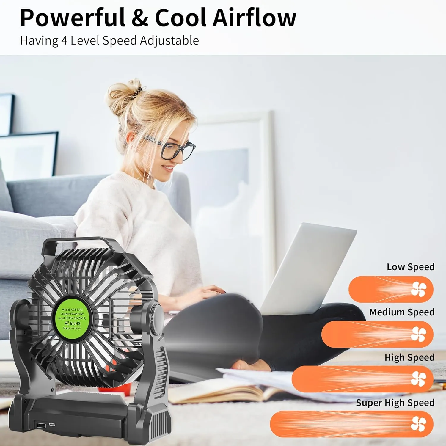 Rechargeable Portable Camping Fan for Tent with LED Light, 270°Pivot USB Personal Battery Powered Fan Outdoor Camping Essentials Battery Operated Portable for Travel X23 Black