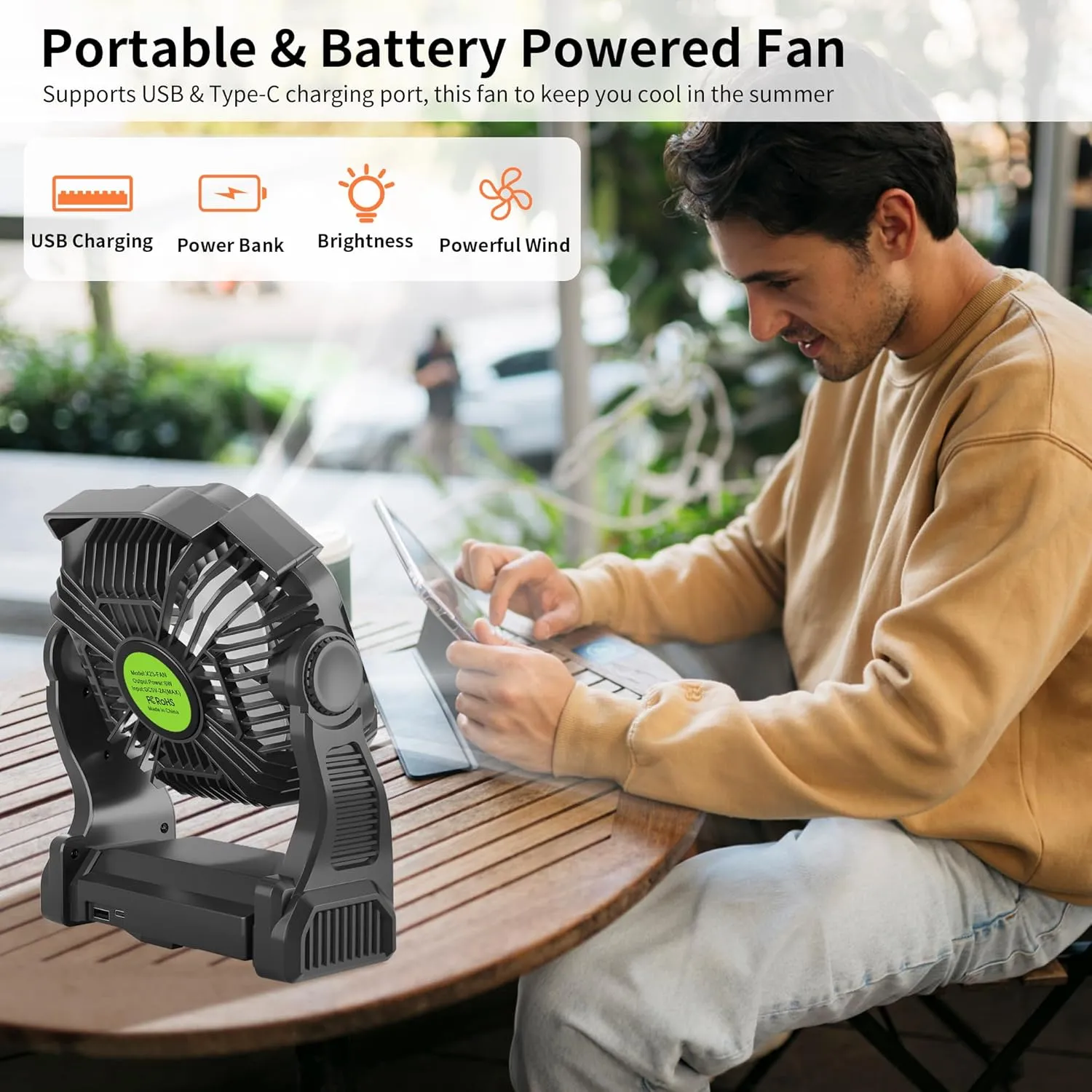 Rechargeable Portable Camping Fan for Tent with LED Light, 270°Pivot USB Personal Battery Powered Fan Outdoor Camping Essentials Battery Operated Portable for Travel X23 Black