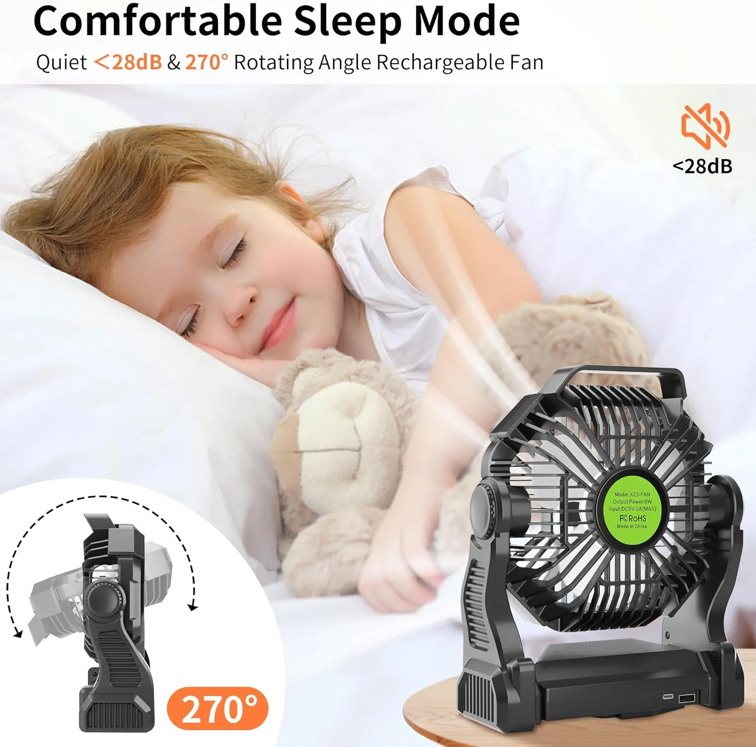Rechargeable Portable Camping Fan for Tent with LED Light, 270°Pivot USB Personal Battery Powered Fan Outdoor Camping Essentials Battery Operated Portable for Travel X23 Black