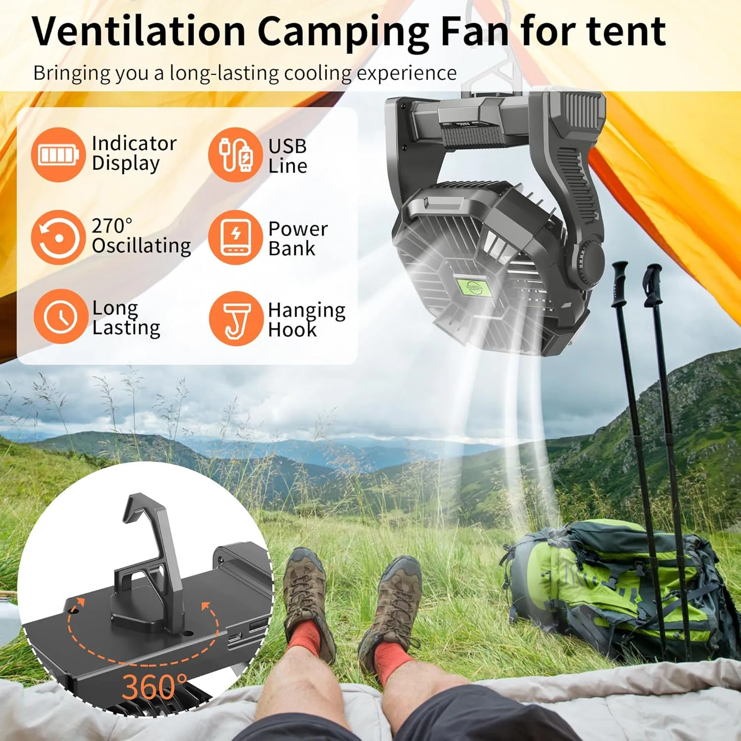 Rechargeable Portable Camping Fan for Tent with LED Light, 270°Pivot USB Personal Battery Powered Fan Outdoor Camping Essentials Battery Operated Portable for Travel X23 Black