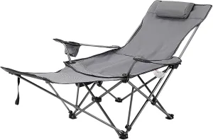 Reclining Camping Chair with Foot Rest w/Adjustable Backrest Comfortable for Adults 265Ibs Folding Lounger Beach Cooler Bag and Cup Holder Outdoor Camp Picnics-Grey