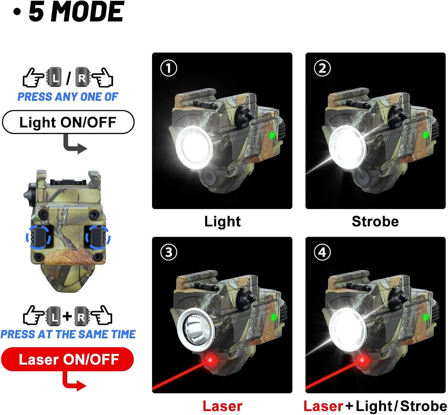 Red Laser Flashlight Combo, 800 Lumen USB Rechargeable Camouflage Gun Flashlight Laser Sight Combo with Strobe Function for Pistol Handgun Rifles with Picatinny Rail Mount