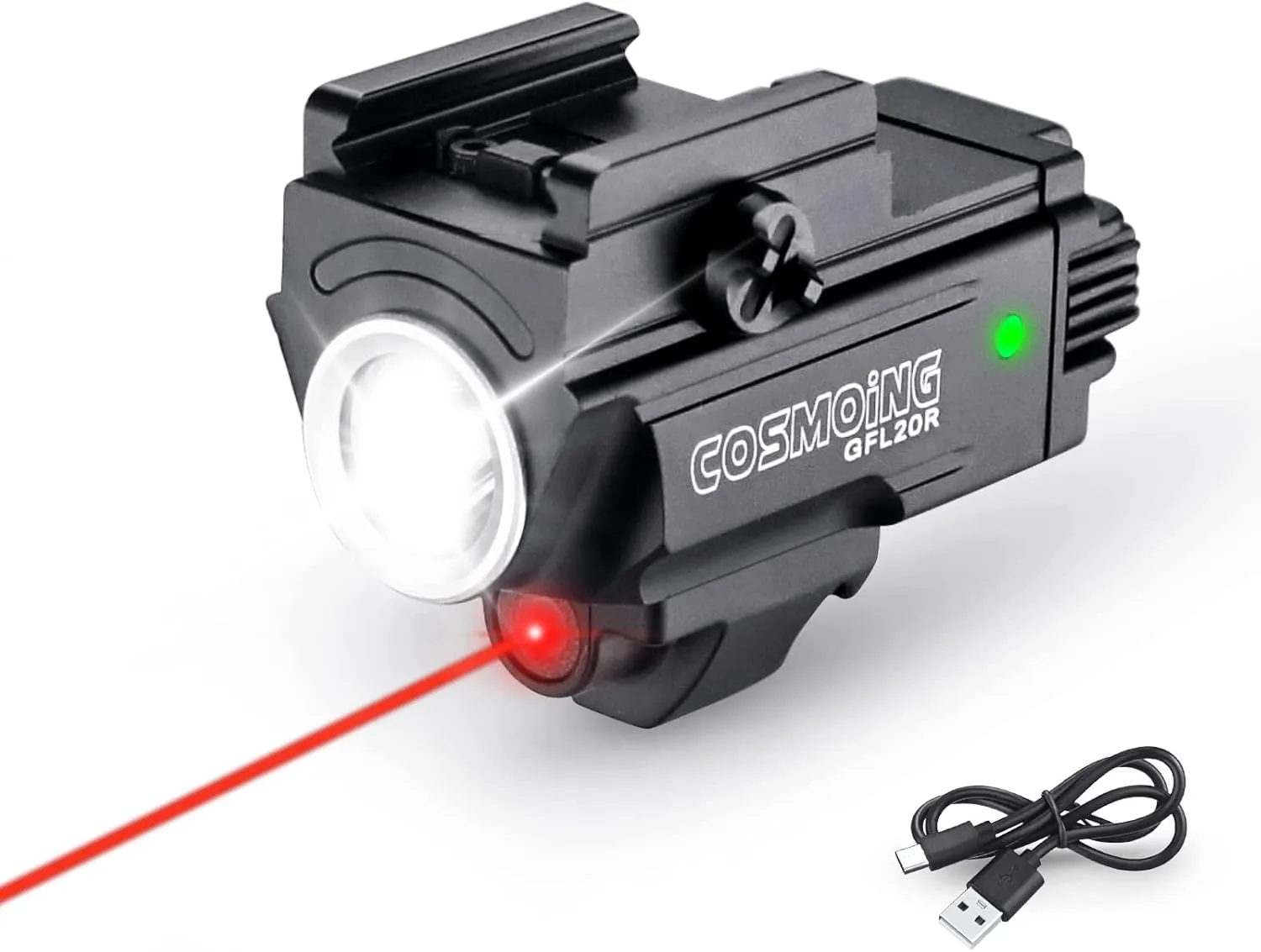 Red Laser Light Combo, 800 Lumen USB Rechargeable Gun Flashlight Laser Sight Combo with Strobe Function for Pistol Handgun Rifles with Picatinny Rail Mount