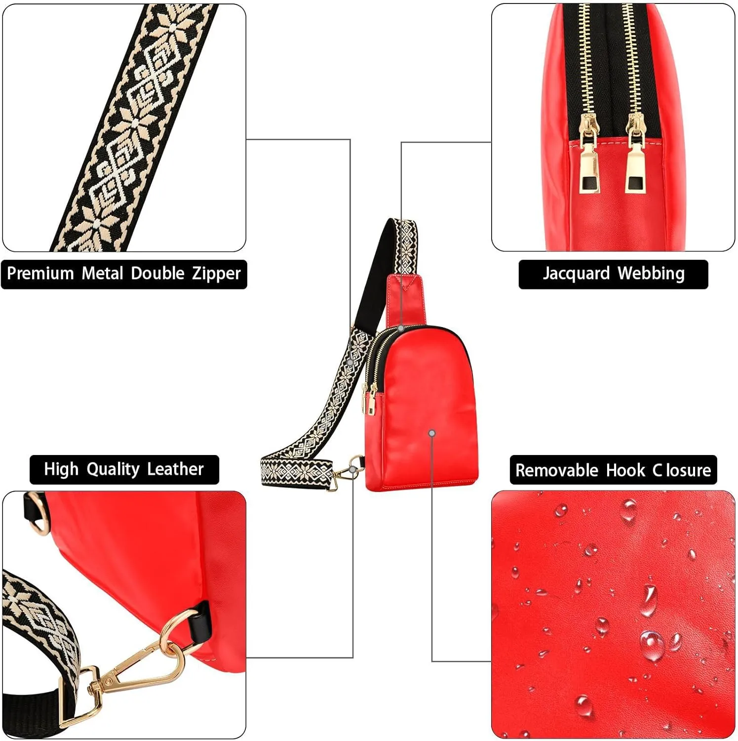 Red Sling Bag for Women Men Fanny Packs Small Crossbody Bags for Women Leather Belt Bag Crossbody Purse Waterproof Chest Bag for Travel Running Hiking Sport