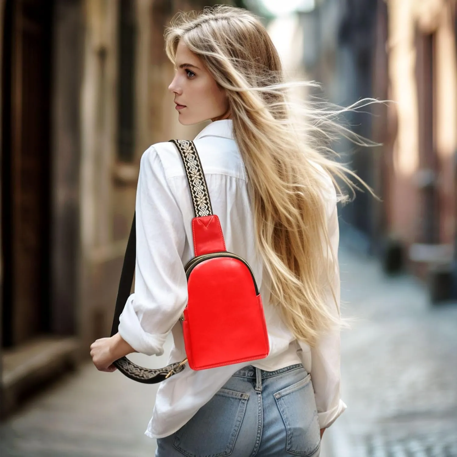 Red Sling Bag for Women Men Fanny Packs Small Crossbody Bags for Women Leather Belt Bag Crossbody Purse Waterproof Chest Bag for Travel Running Hiking Sport