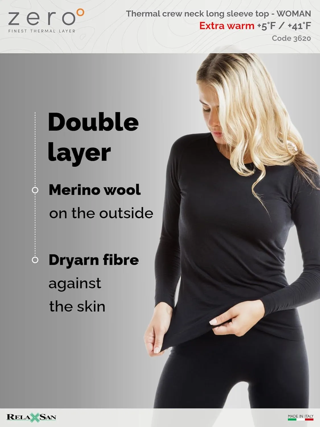 Relaxsan Zero 3220 – Women's Thermal Long Sleeves Vest Breathable Baselayer Underwear in Dryarn Fiber and Merino Wool