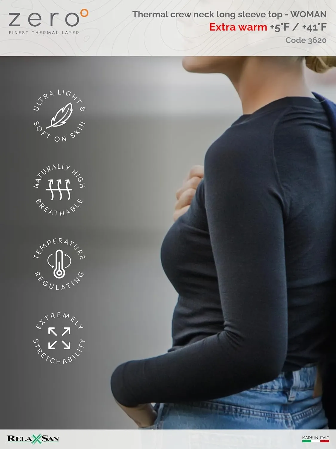 Relaxsan Zero 3220 – Women's Thermal Long Sleeves Vest Breathable Baselayer Underwear in Dryarn Fiber and Merino Wool