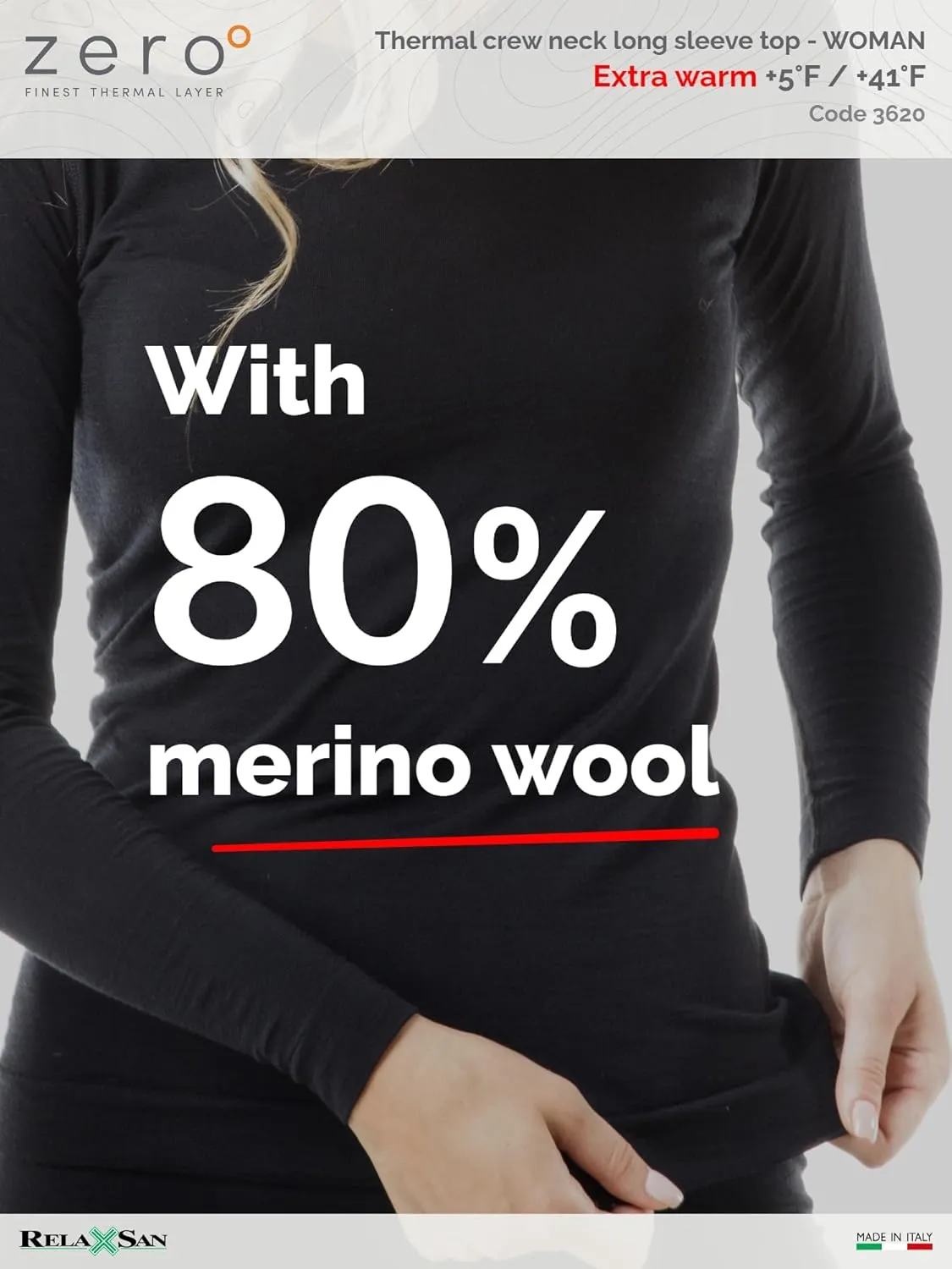 Relaxsan Zero 3220 – Women's Thermal Long Sleeves Vest Breathable Baselayer Underwear in Dryarn Fiber and Merino Wool