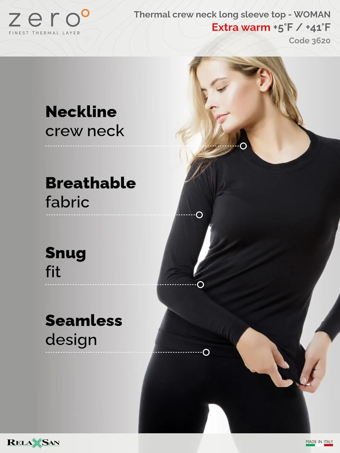 Relaxsan Zero 3220 – Women's Thermal Long Sleeves Vest Breathable Baselayer Underwear in Dryarn Fiber and Merino Wool