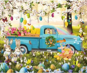 Renaiss 10x8 ft Happy Easter Backdrop Blue Truck Easter Rabbit Spring Flower Colorful Eggs Photography Background Camp Grassland Picnic Party Decorations Photo Prop, Polyester Fabric