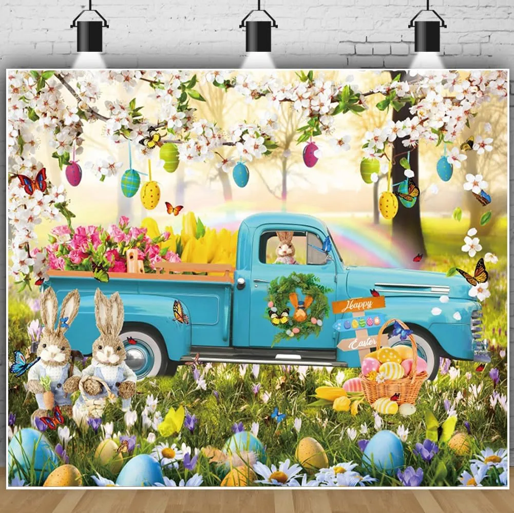 Renaiss 10x8 ft Happy Easter Backdrop Blue Truck Easter Rabbit Spring Flower Colorful Eggs Photography Background Camp Grassland Picnic Party Decorations Photo Prop, Polyester Fabric