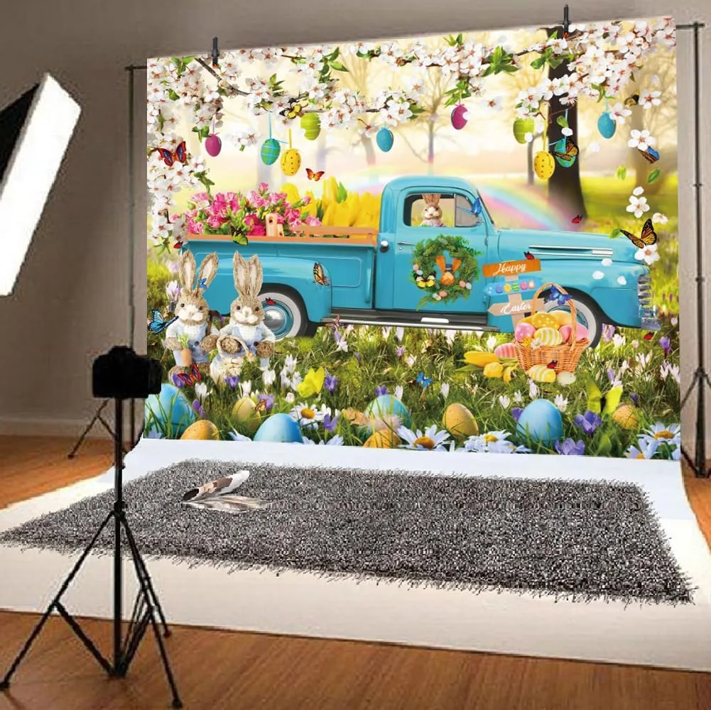 Renaiss 10x8 ft Happy Easter Backdrop Blue Truck Easter Rabbit Spring Flower Colorful Eggs Photography Background Camp Grassland Picnic Party Decorations Photo Prop, Polyester Fabric