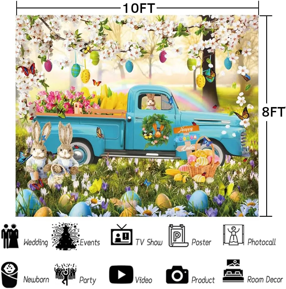 Renaiss 10x8 ft Happy Easter Backdrop Blue Truck Easter Rabbit Spring Flower Colorful Eggs Photography Background Camp Grassland Picnic Party Decorations Photo Prop, Polyester Fabric