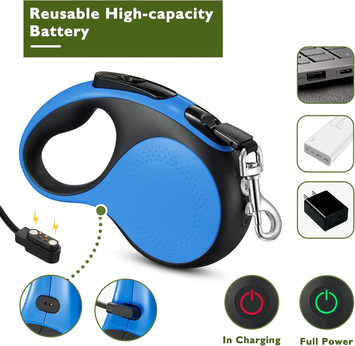 Retractable Dog Leash 16Ft Durable Dog Walking Leash Suits for Large Dogs or Cats with LED Flashlight and New Upgraded Charging Port Heavy Duty Pet Walking Up to 110lbs