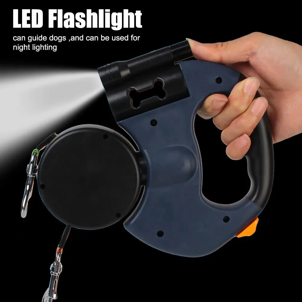Retractable Dog Leash for 2 Dogs with LED Light and Waste Bag Dispenser - Durable Comfort