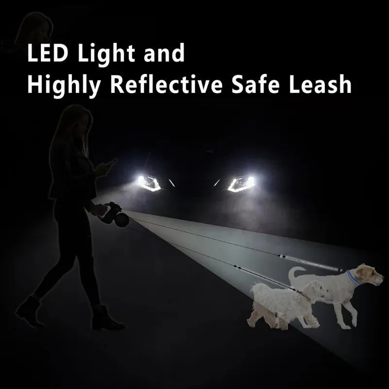 Retractable Dog Leash for 2 Dogs with LED Light and Waste Bag Dispenser - Durable Comfort