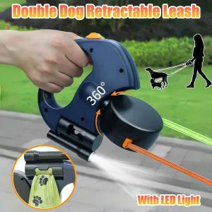Retractable Dog Leash for 2 Dogs with LED Light and Waste Bag Dispenser - Durable Comfort