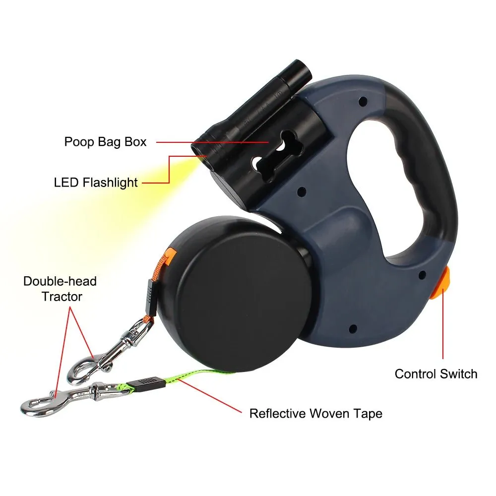 Retractable Dog Leash for 2 Dogs with LED Light and Waste Bag Dispenser - Durable Comfort