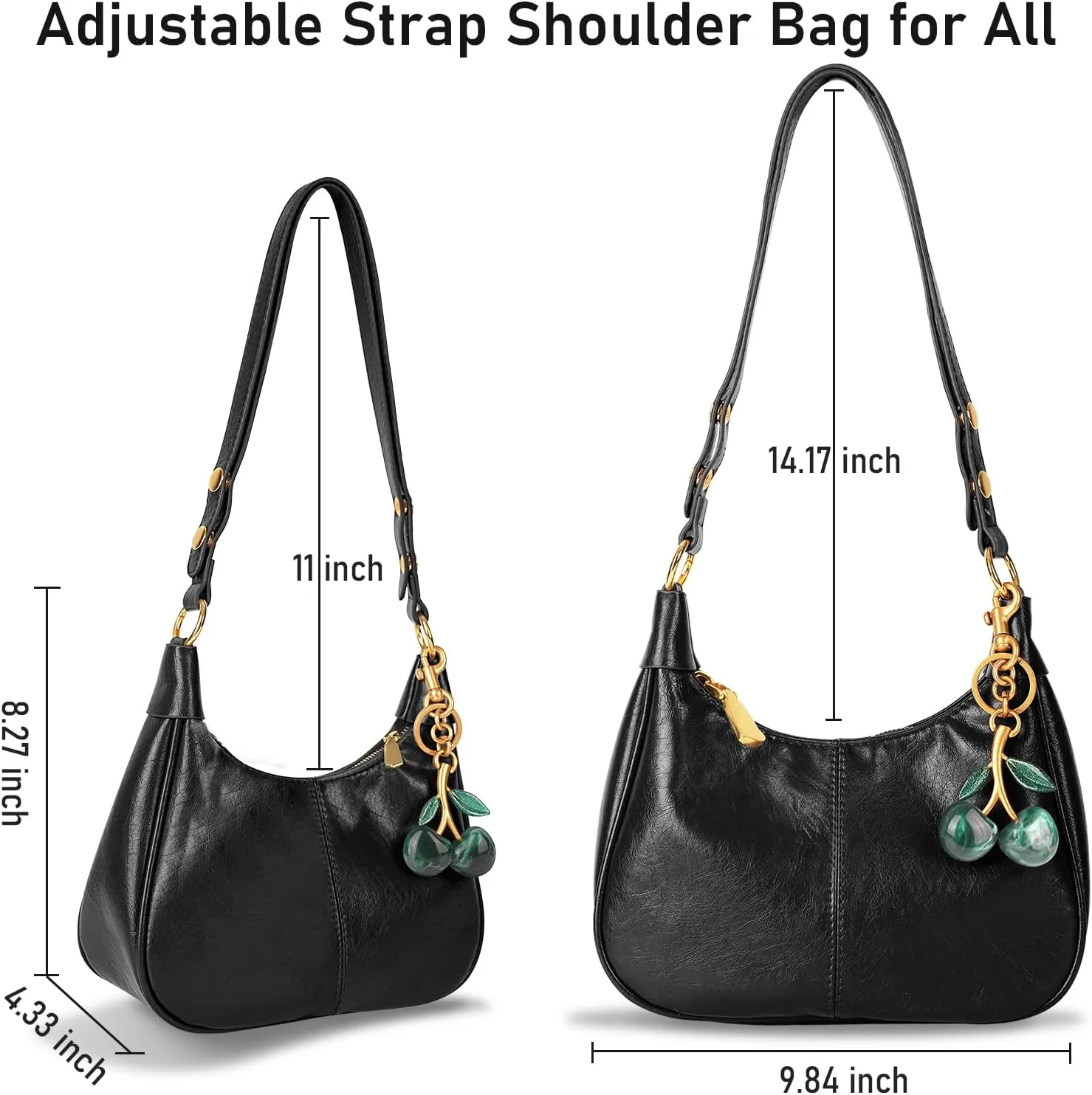 Retro Hobo Bag with Cherry Charm Vegan Leather Shoulder Crossbody Handheld Stylish Purse for Women