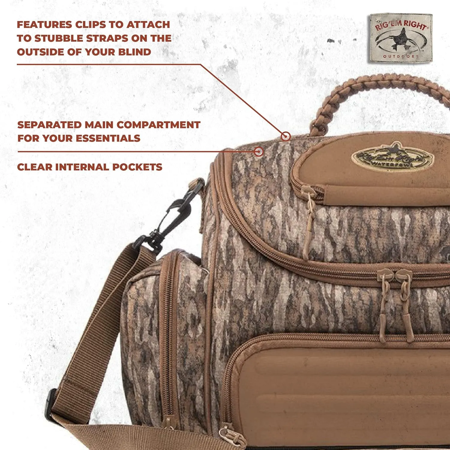 Rig'Em Right Waterfowl Lock and Load Duck Hunting Blind Bag with Molded Ammo Compartments, Sunglasses Case, Drink Holder and More (Mossy Oak Bottomland Camo)