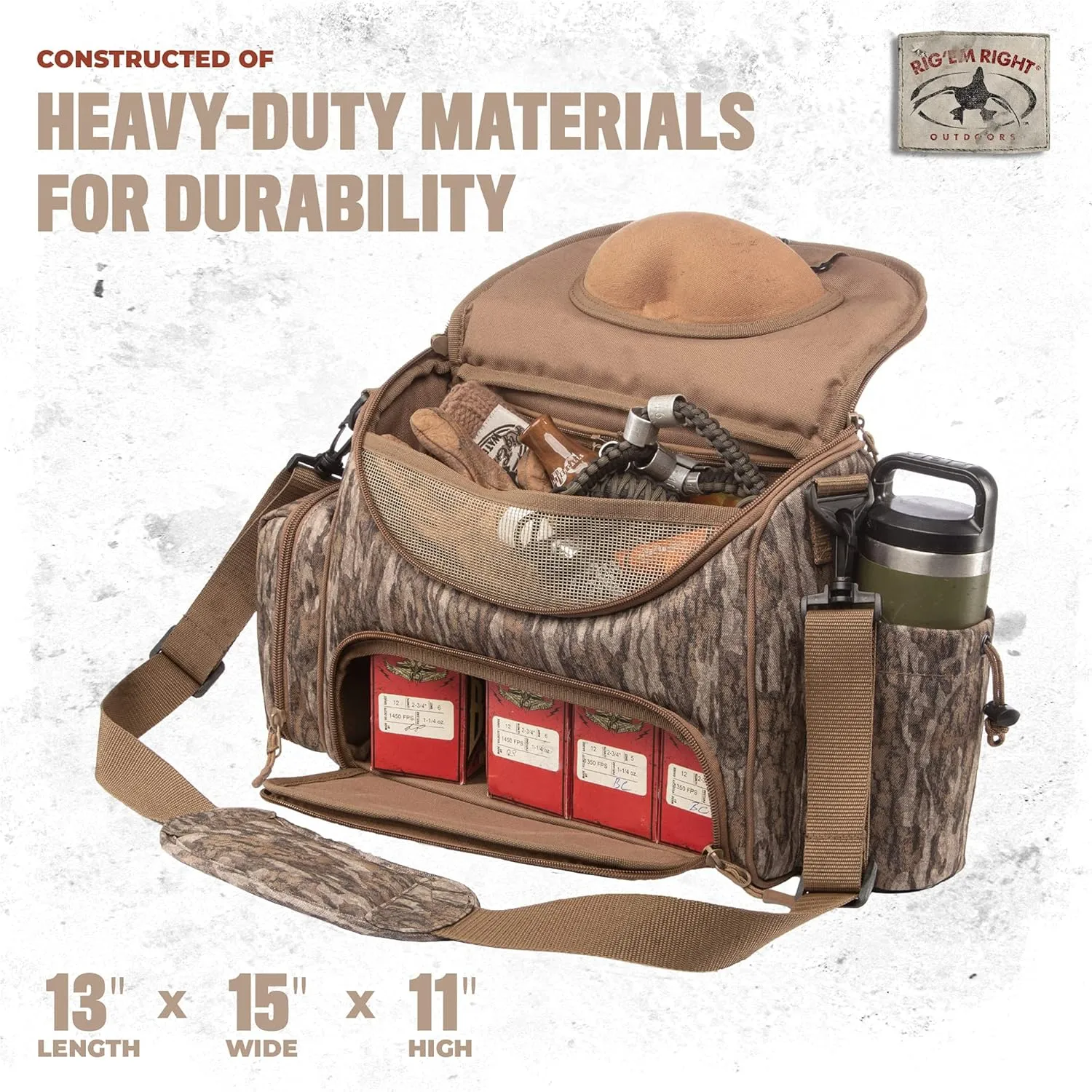 Rig'Em Right Waterfowl Lock and Load Duck Hunting Blind Bag with Molded Ammo Compartments, Sunglasses Case, Drink Holder and More (Mossy Oak Bottomland Camo)