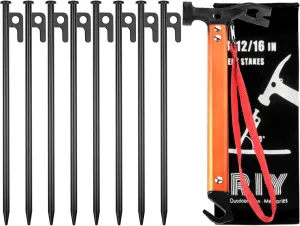 RIY Tent Stakes Heavy Duty 8Pcs 12 Inch Steel Tent Stakes with 12 Inch Camping Hammer, Hiking Camping Kit