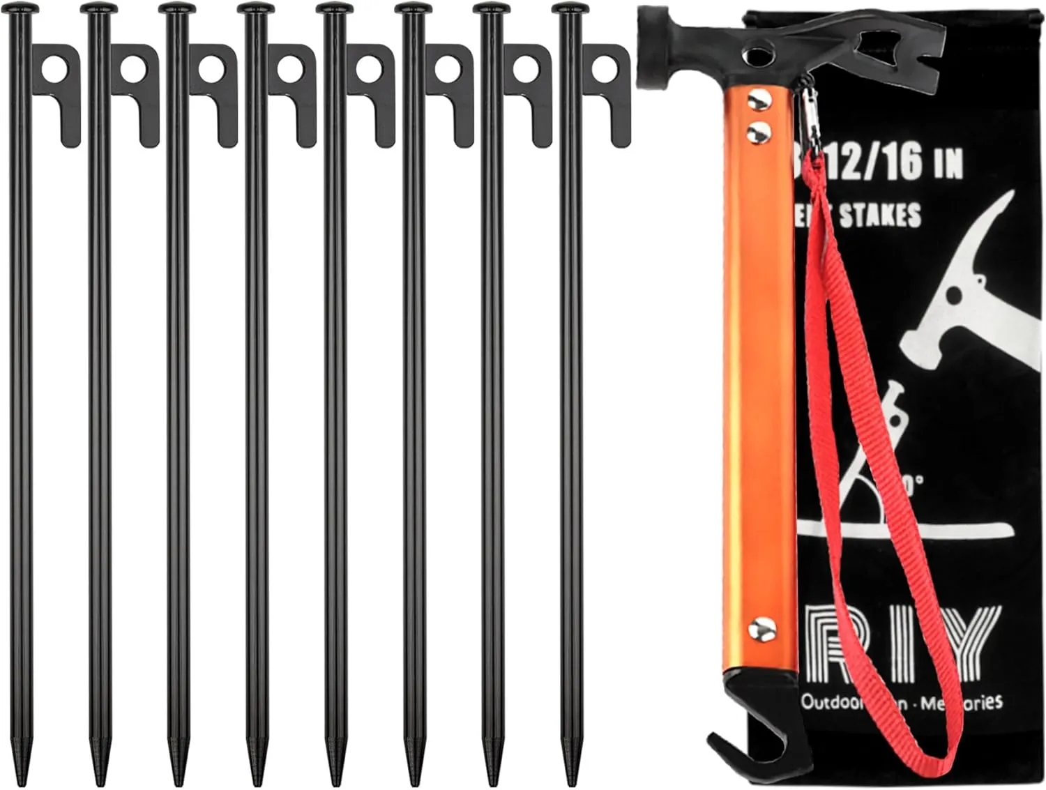 RIY Tent Stakes Heavy Duty 8Pcs 12 Inch Steel Tent Stakes with 12 Inch Camping Hammer, Hiking Camping Kit