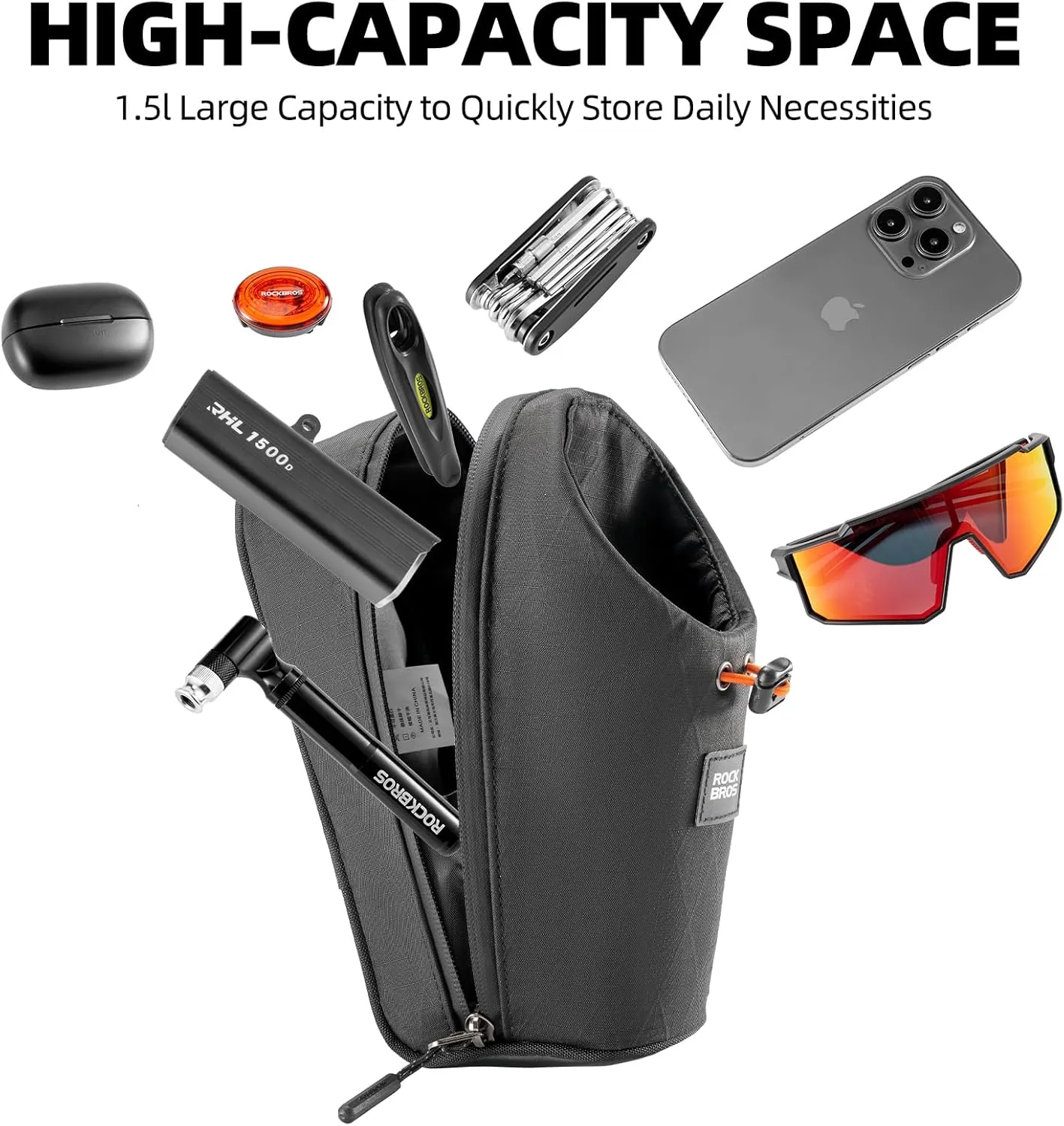 ROCKBROS Electric Scooter Bag, Bike Handlebar Bag with External Water Bottle Holder, 1.5L Magnetic Snap Storage Bag for Electric Scooters,Ebike and Folding Bicycles，Black