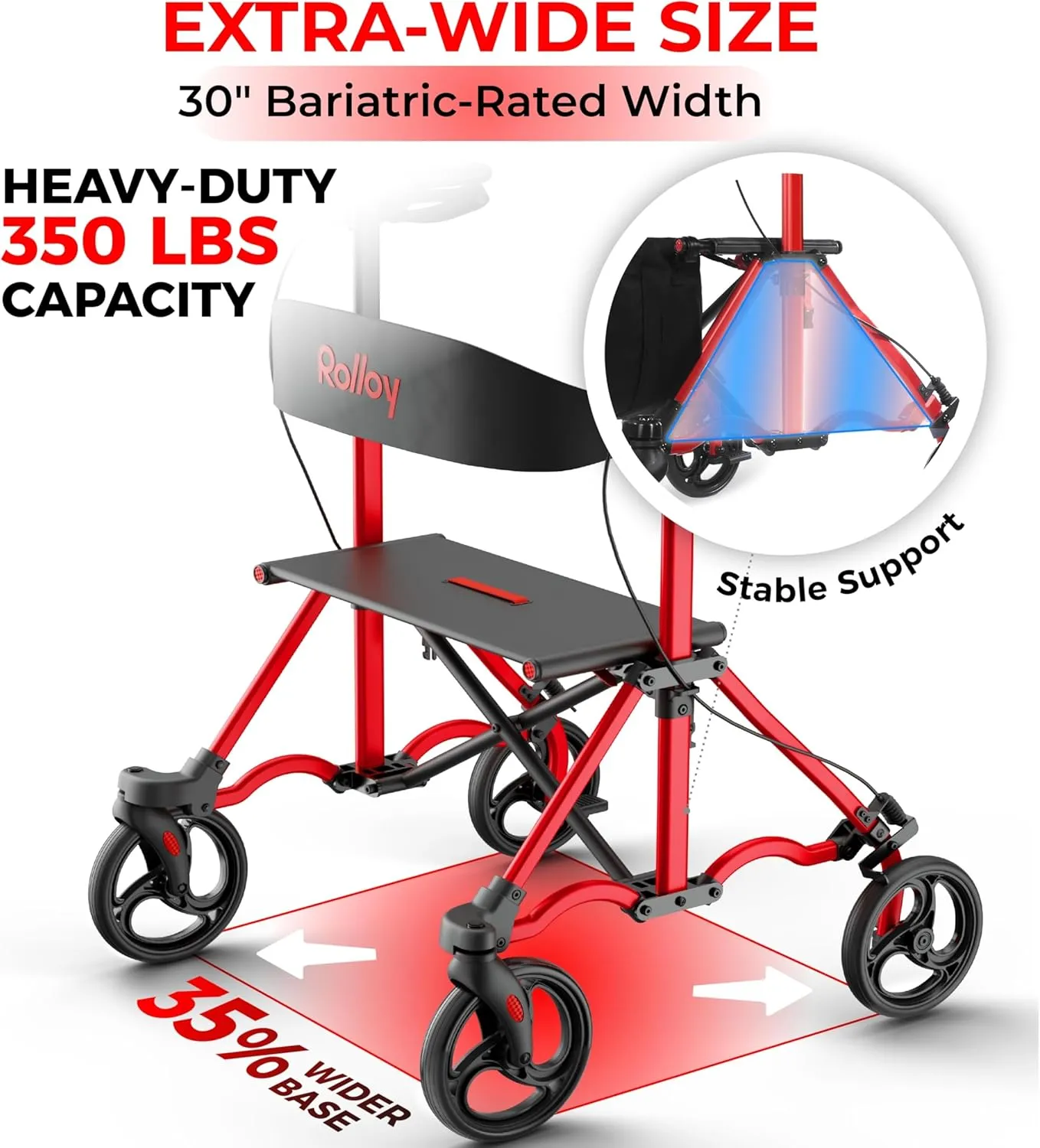 Rollator Walkers for Seniors with Seat, Aluminum Ultra-Compact Travel Rolling Walker, 350lbs Capacity, Portable Walker, 22" Wide Seat, Heavy-Duty, Easy Folding, Height for Tall over 6ft, 8" Big Wheels