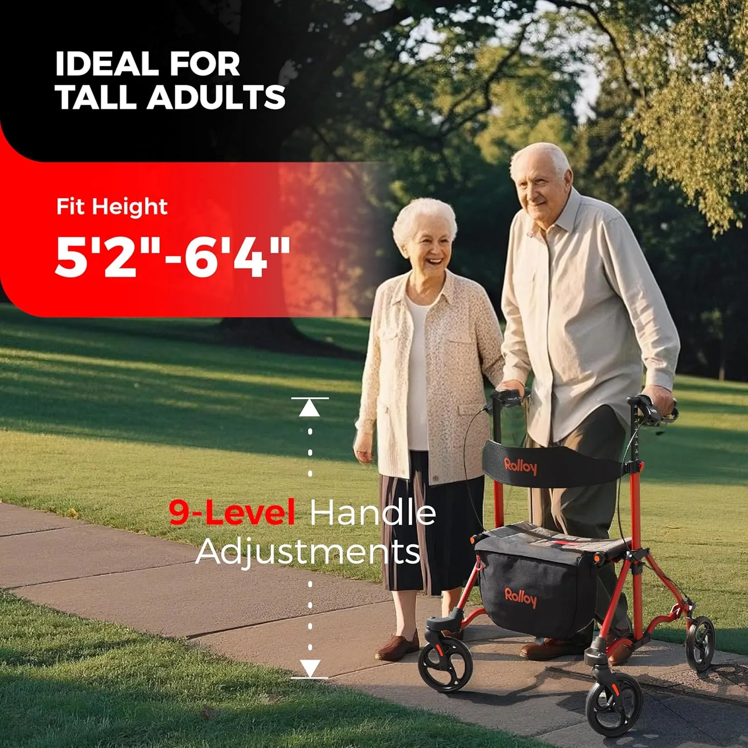 Rollator Walkers for Seniors with Seat, Aluminum Ultra-Compact Travel Rolling Walker, 350lbs Capacity, Portable Walker, 22" Wide Seat, Heavy-Duty, Easy Folding, Height for Tall over 6ft, 8" Big Wheels