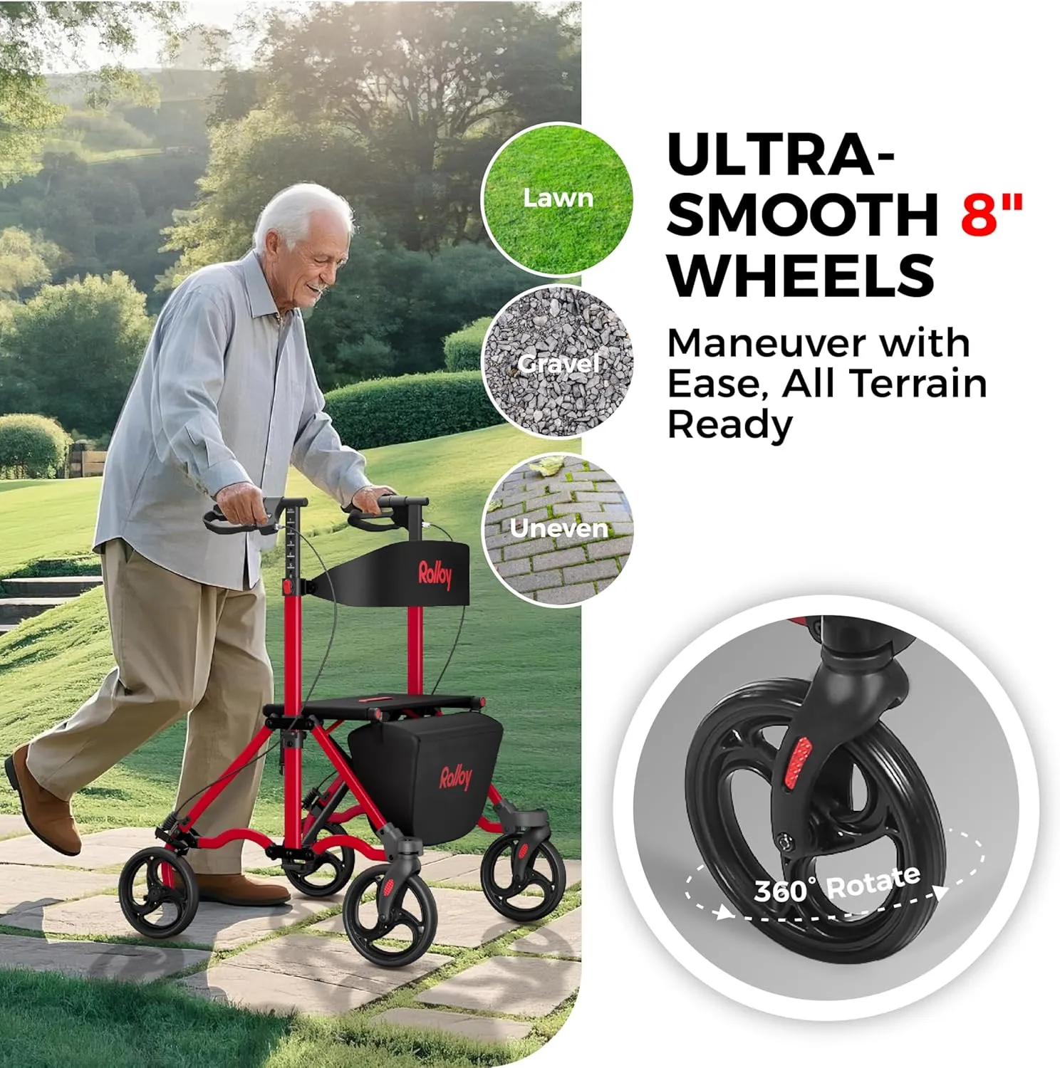 Rollator Walkers for Seniors with Seat, Aluminum Ultra-Compact Travel Rolling Walker, 350lbs Capacity, Portable Walker, 22" Wide Seat, Heavy-Duty, Easy Folding, Height for Tall over 6ft, 8" Big Wheels