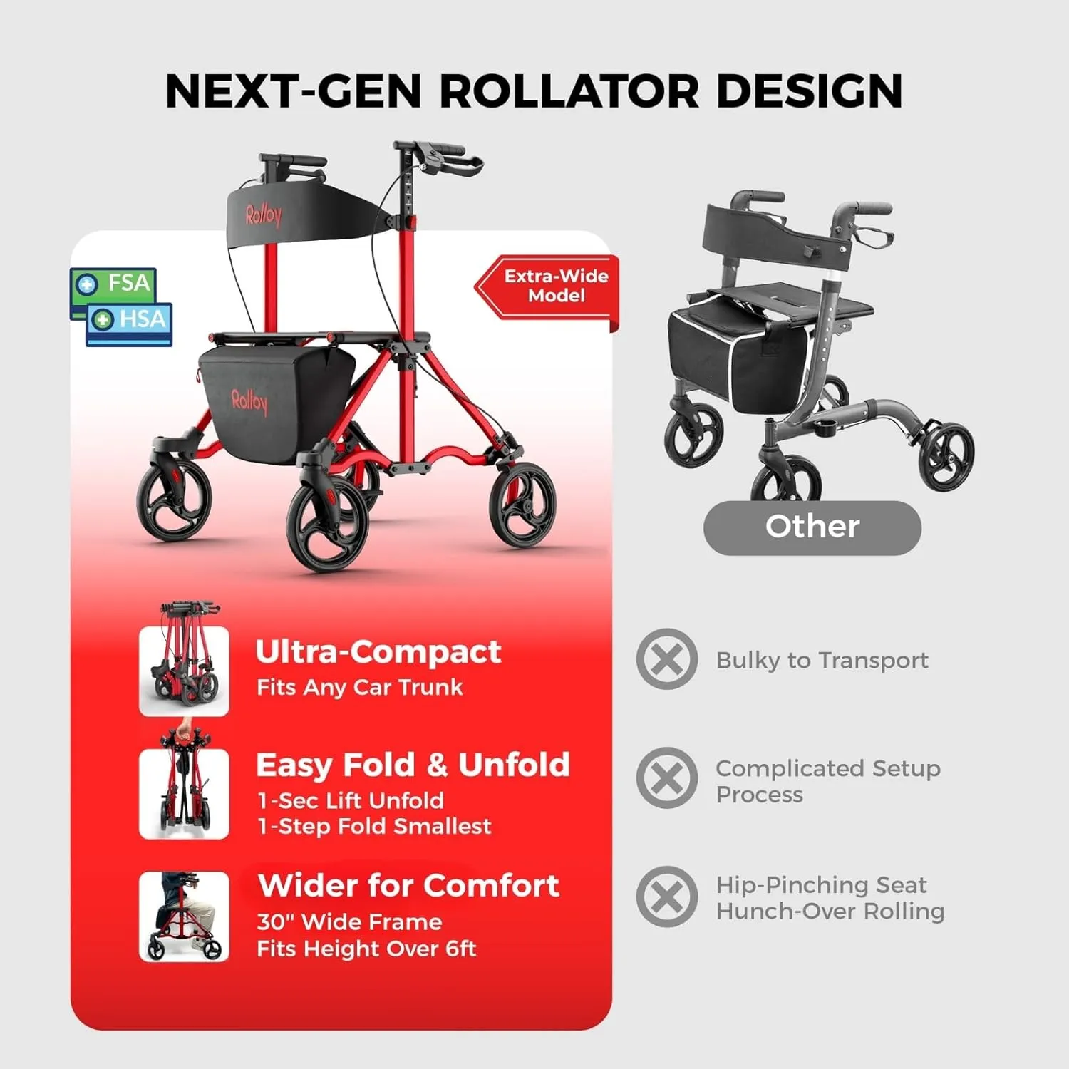 Rollator Walkers for Seniors with Seat, Aluminum Ultra-Compact Travel Rolling Walker, 350lbs Capacity, Portable Walker, 22" Wide Seat, Heavy-Duty, Easy Folding, Height for Tall over 6ft, 8" Big Wheels