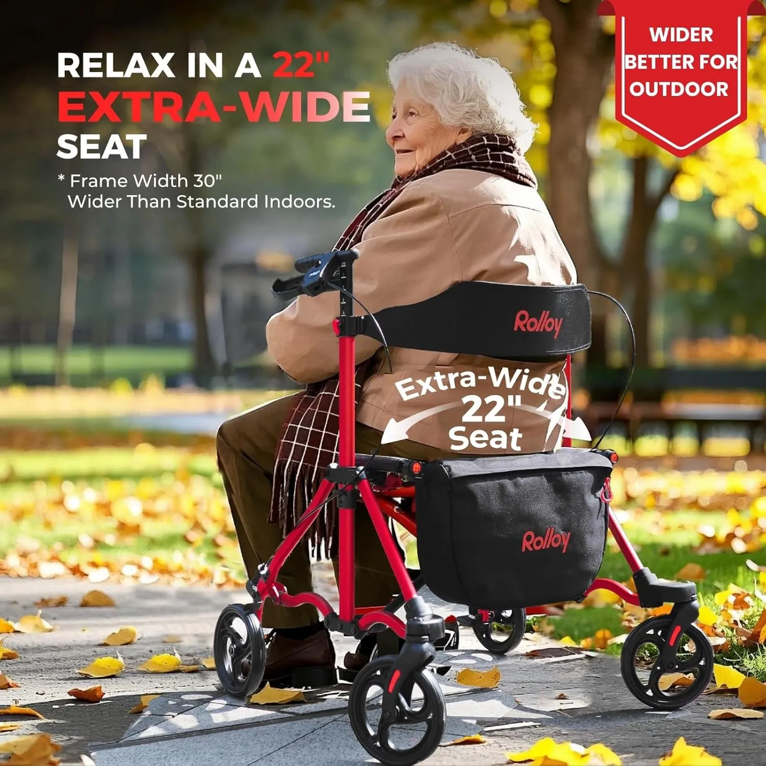 Rollator Walkers for Seniors with Seat, Aluminum Ultra-Compact Travel Rolling Walker, 350lbs Capacity, Portable Walker, 22" Wide Seat, Heavy-Duty, Easy Folding, Height for Tall over 6ft, 8" Big Wheels