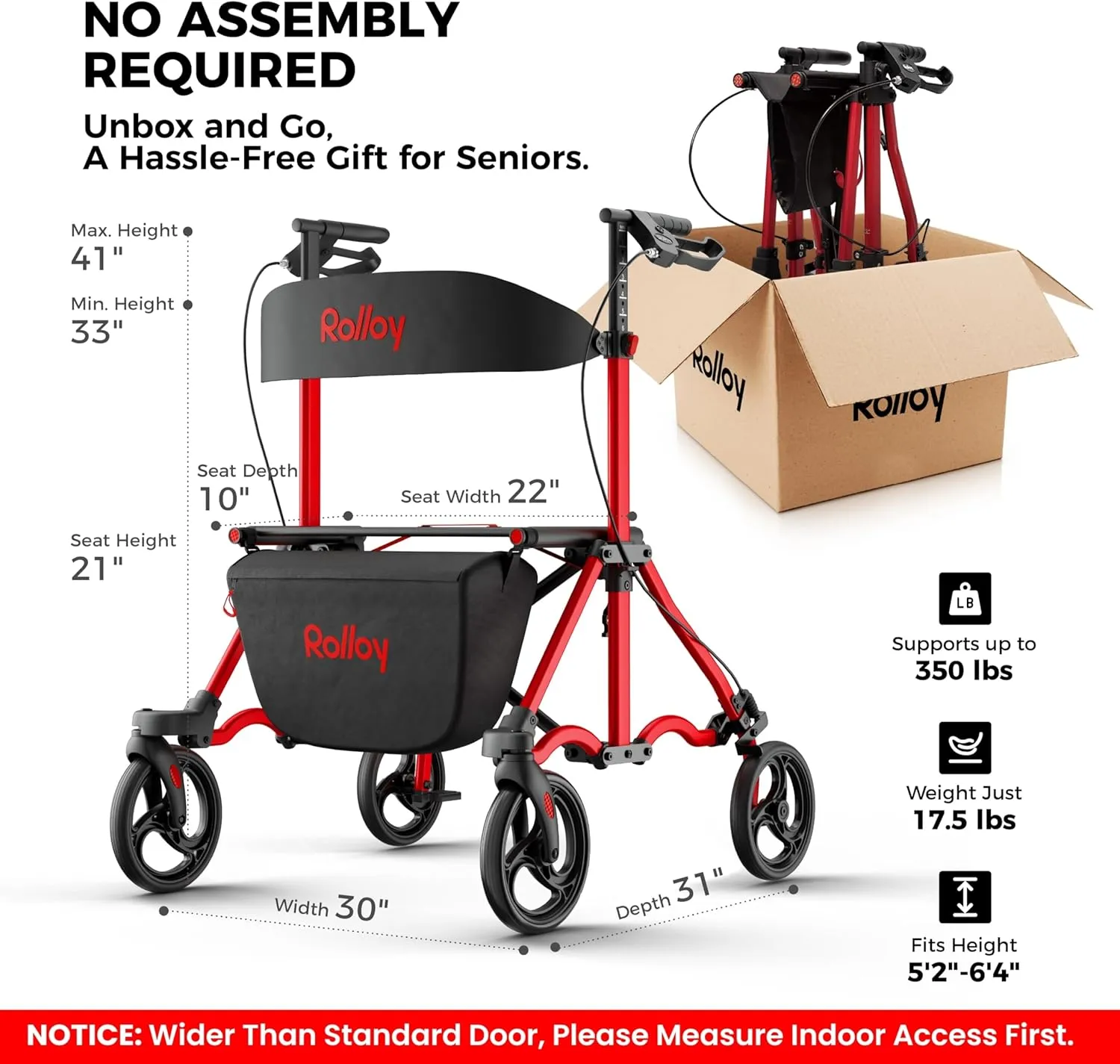 Rollator Walkers for Seniors with Seat, Aluminum Ultra-Compact Travel Rolling Walker, 350lbs Capacity, Portable Walker, 22" Wide Seat, Heavy-Duty, Easy Folding, Height for Tall over 6ft, 8" Big Wheels