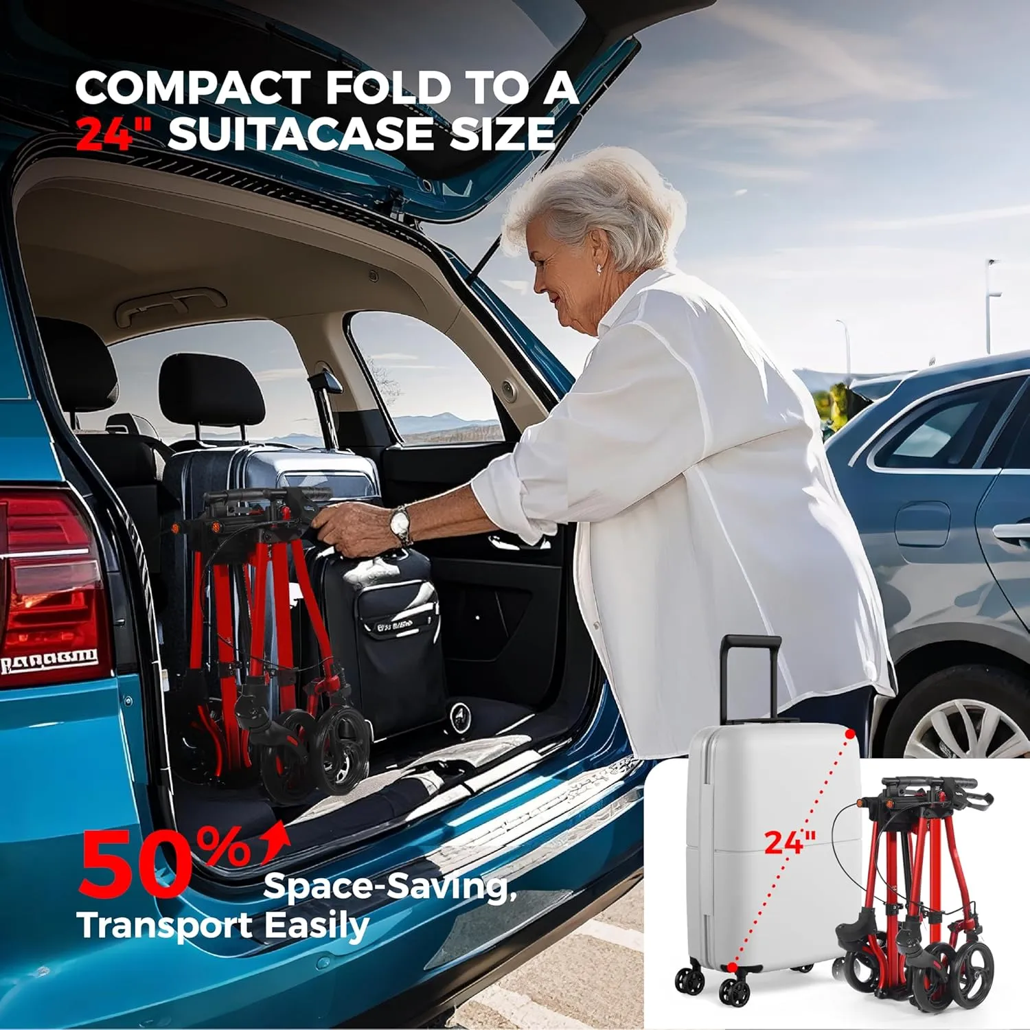 Rollator Walkers for Seniors with Seat, Aluminum Ultra-Compact Travel Rolling Walker, 350lbs Capacity, Portable Walker, 22" Wide Seat, Heavy-Duty, Easy Folding, Height for Tall over 6ft, 8" Big Wheels