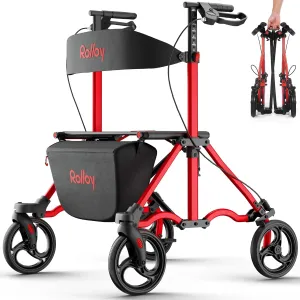 Rollator Walkers for Seniors with Seat, Aluminum Ultra-Compact Travel Rolling Walker, 350lbs Capacity, Portable Walker, 22" Wide Seat, Heavy-Duty, Easy Folding, Height for Tall over 6ft, 8" Big Wheels