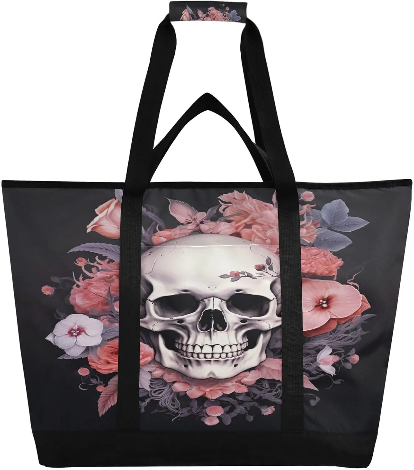 Rose Floral Sugar Skull Reusable Insulated Lunchbox Cooler Bag, Leakproof Kitchen Grocery Bag Collapsible Portable Cooler Tote Bag for Picnic, Camping, Office, Travel
