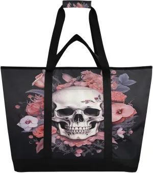 Rose Floral Sugar Skull Reusable Insulated Lunchbox Cooler Bag, Leakproof Kitchen Grocery Bag Collapsible Portable Cooler Tote Bag for Picnic, Camping, Office, Travel