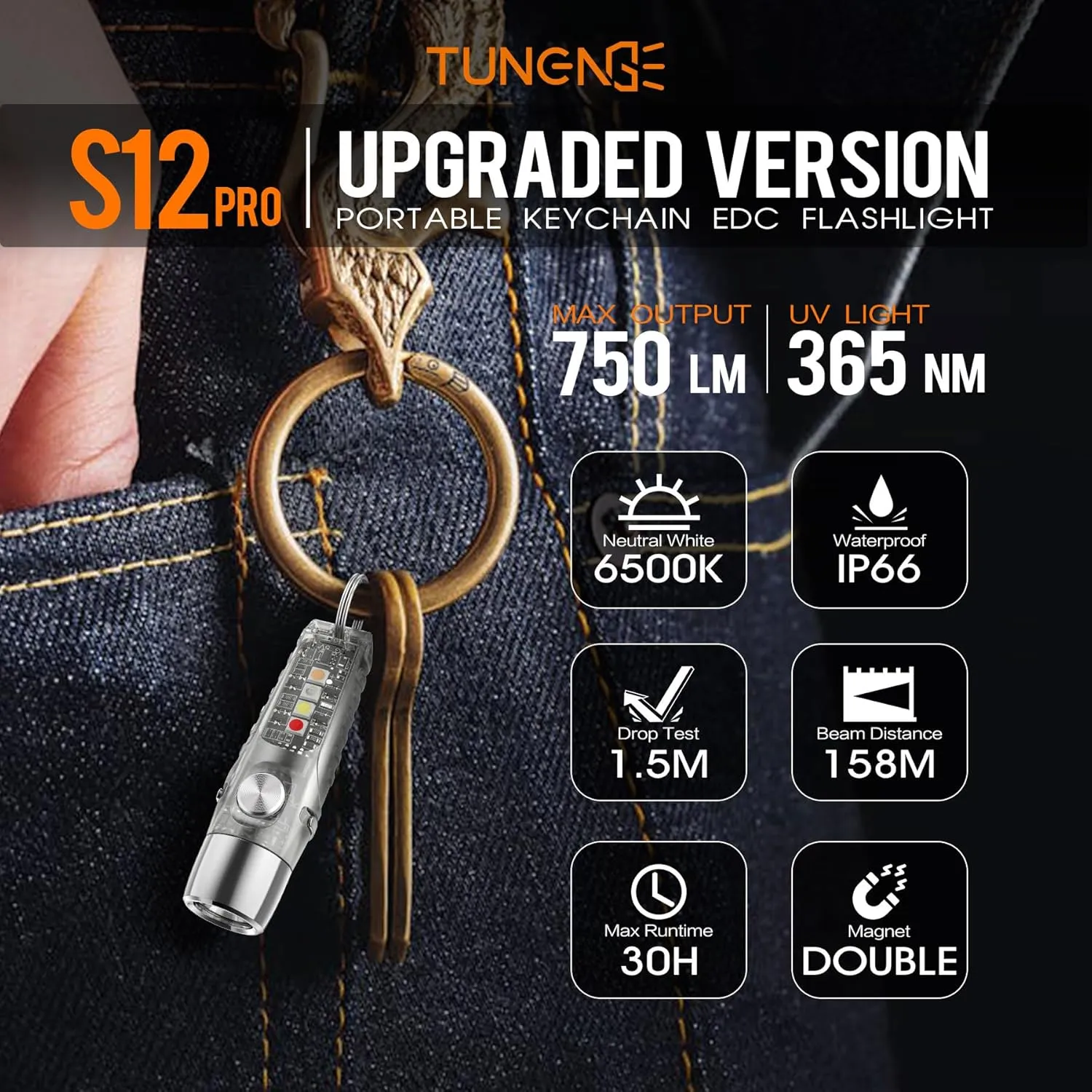 S12Pro Keychain Flashlight Rechargeable,750 High Lumen EDC Mini Flashlight with Clip,Multifunction COB Light with 365nmUV-11 Lighting Modes, Tail Magnet, Flash Light