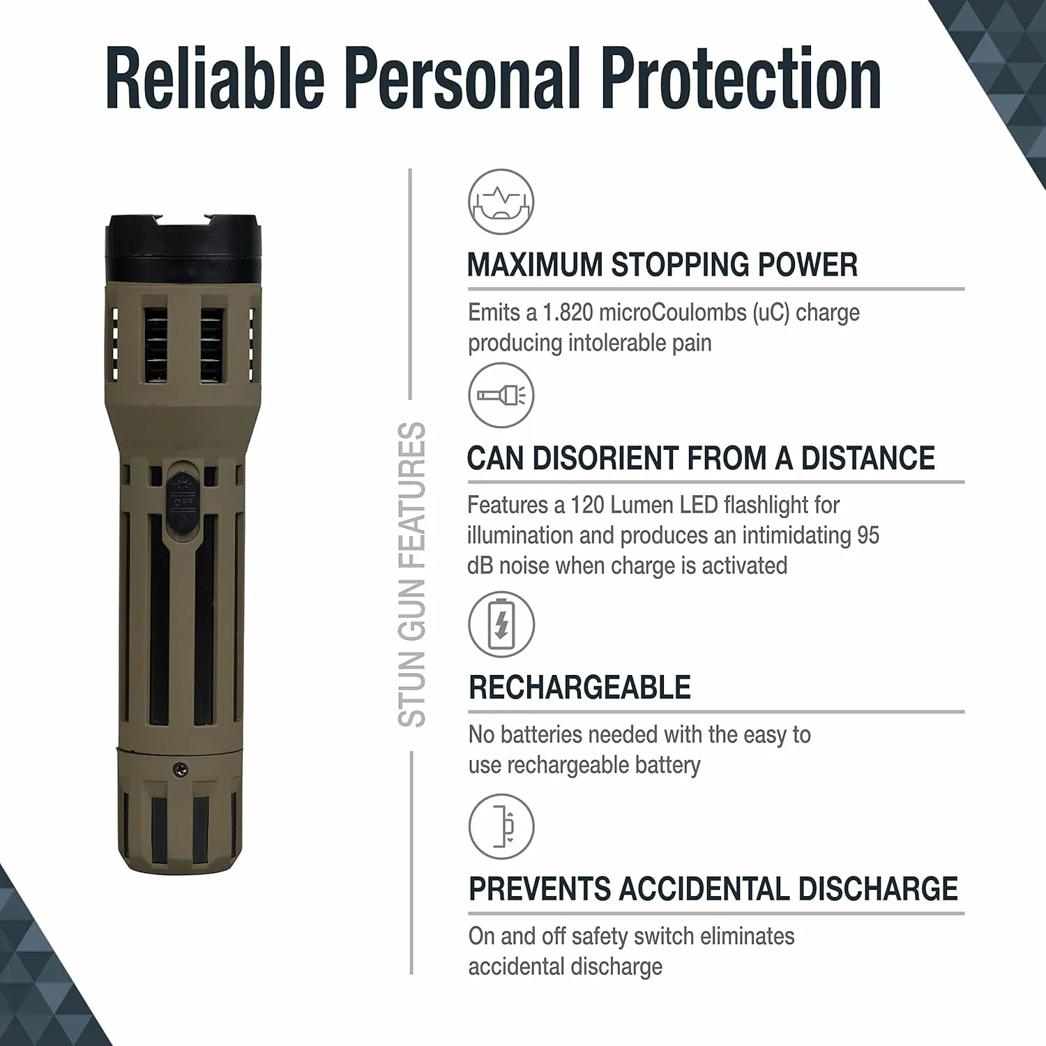 SABRE 2-in-1 Stun Gun with LED Flashlight, Powerful Pain Inducing 1.820 µC Charge, 120 Lumens, Rechargeable Battery, Safety Switch, Includes Wrist Strap and Belt Holster
