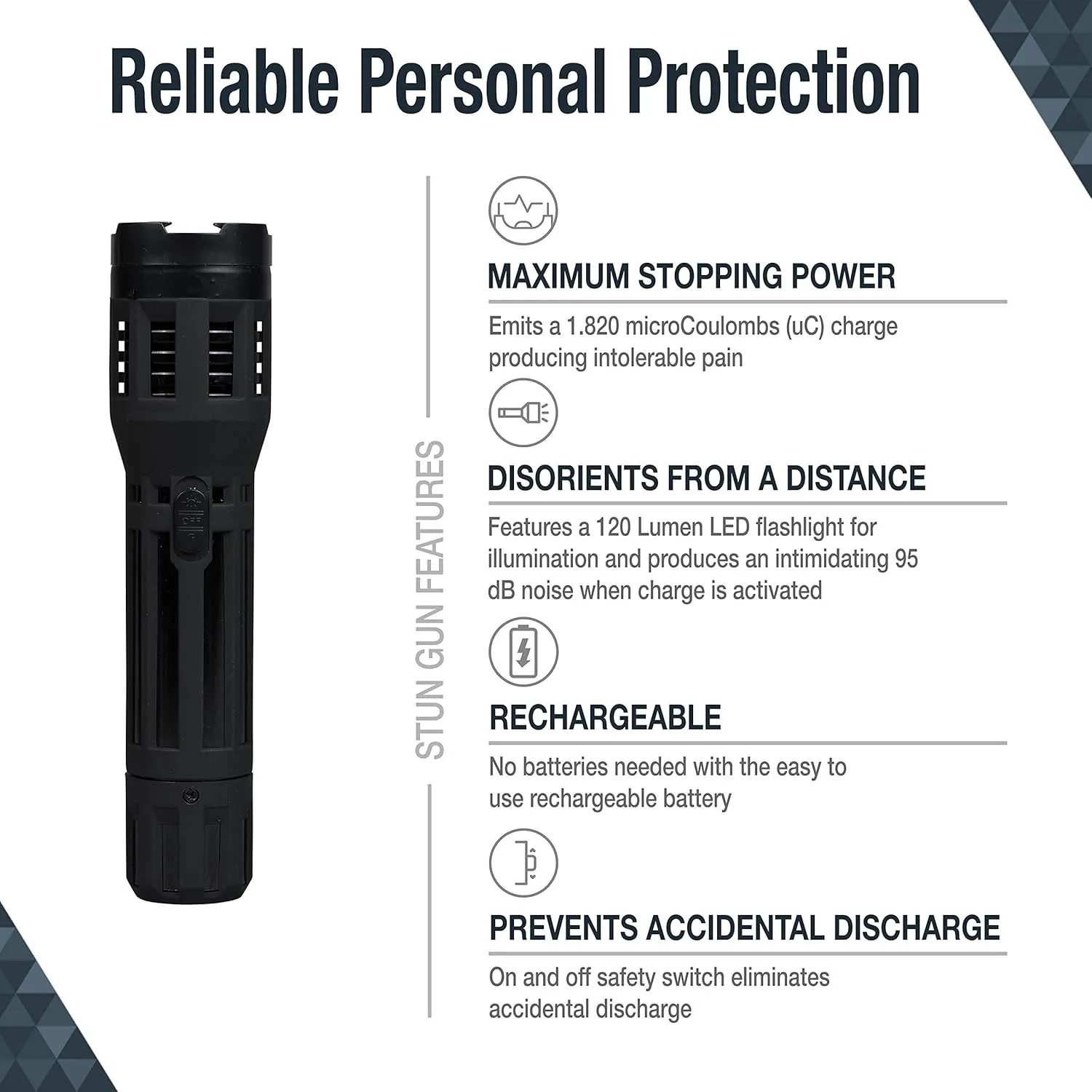 SABRE 2-in-1 Stun Gun with LED Flashlight, Powerful Pain Inducing 1.820 µC Charge, 120 Lumens, Rechargeable Battery, Safety Switch, Includes Wrist Strap and Belt Holster