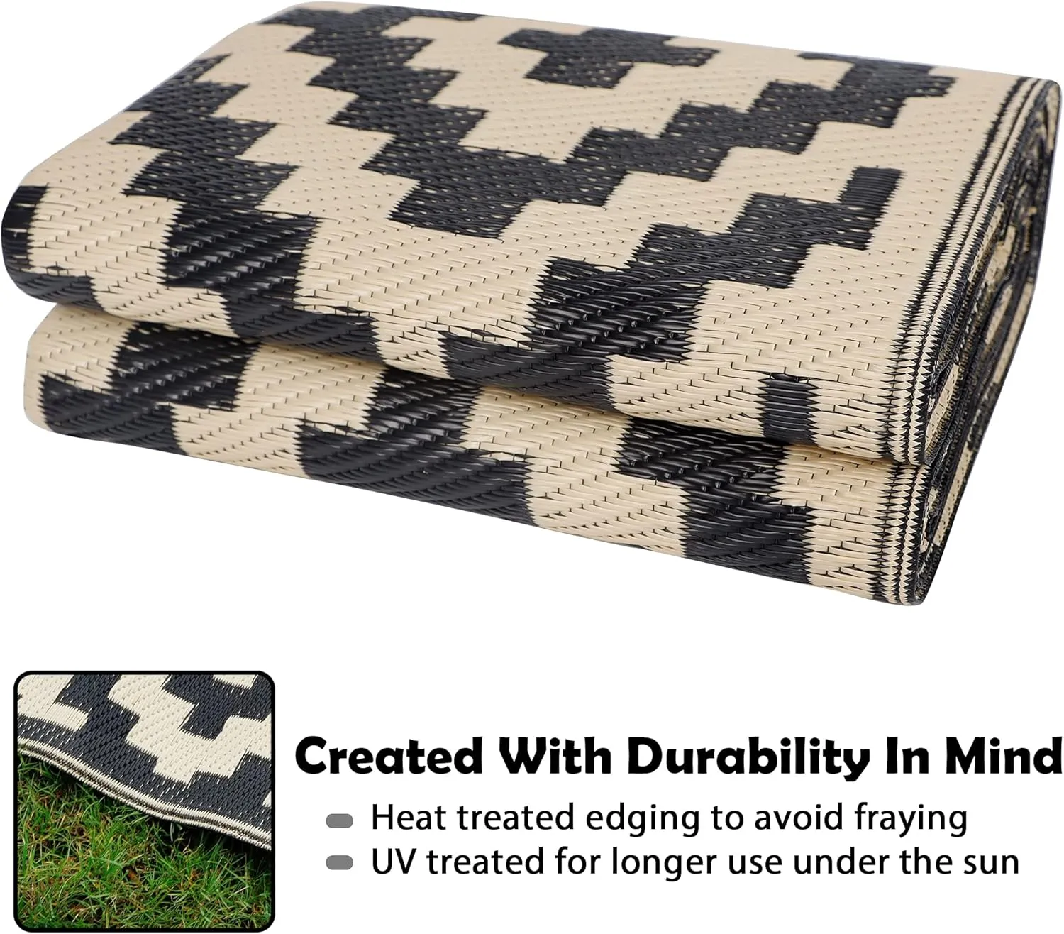 SAND MINE Waterproof Outdoor Rug 5x8 ft, Plastic Reversible Rug, Modern Area Rug, Large Floor Mat for Outdoors, RV, Patio, Backyard, Deck, Picnic, Beach, Camping, Black & Beige