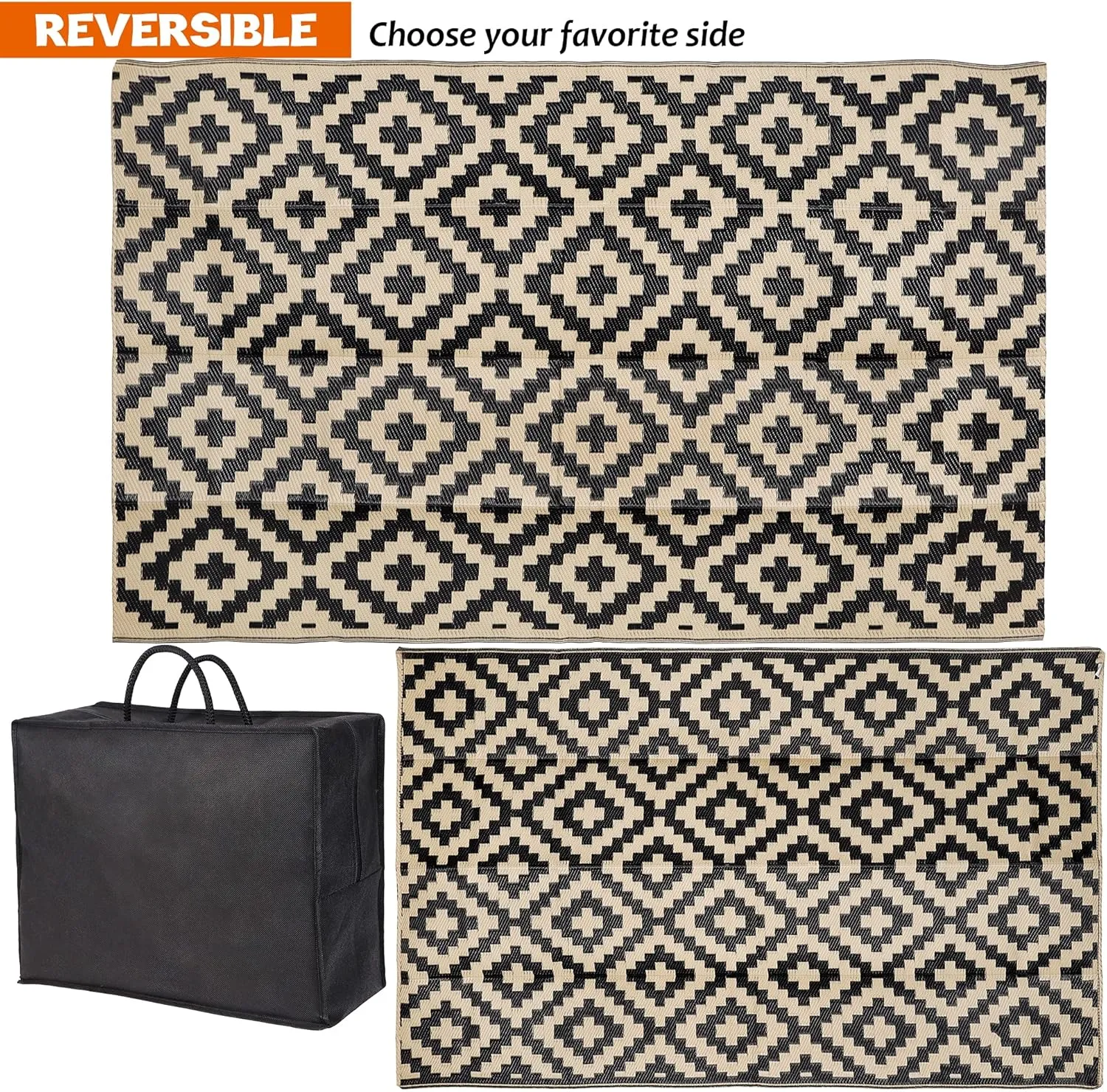 SAND MINE Waterproof Outdoor Rug 5x8 ft, Plastic Reversible Rug, Modern Area Rug, Large Floor Mat for Outdoors, RV, Patio, Backyard, Deck, Picnic, Beach, Camping, Black & Beige
