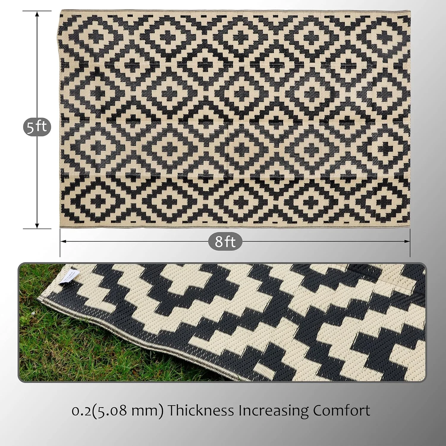 SAND MINE Waterproof Outdoor Rug 5x8 ft, Plastic Reversible Rug, Modern Area Rug, Large Floor Mat for Outdoors, RV, Patio, Backyard, Deck, Picnic, Beach, Camping, Black & Beige