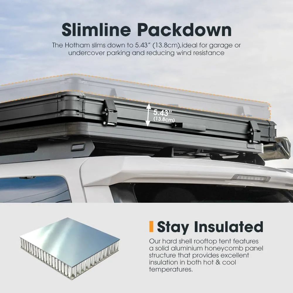 Sanhima Rooftop Tent Hard Shell - Hotham Overland Aluminium Roof Top Tent w/Larger Space, LED Strip Light & Skyview Window, 2” Thick Mattress, for Car SUV Truck Camping, 2-3 People Tent