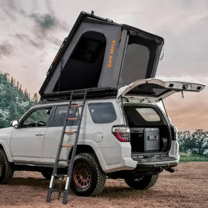 Sanhima Rooftop Tent Hard Shell - Hotham Overland Aluminium Roof Top Tent w/Larger Space, LED Strip Light & Skyview Window, 2” Thick Mattress, for Car SUV Truck Camping, 2-3 People Tent