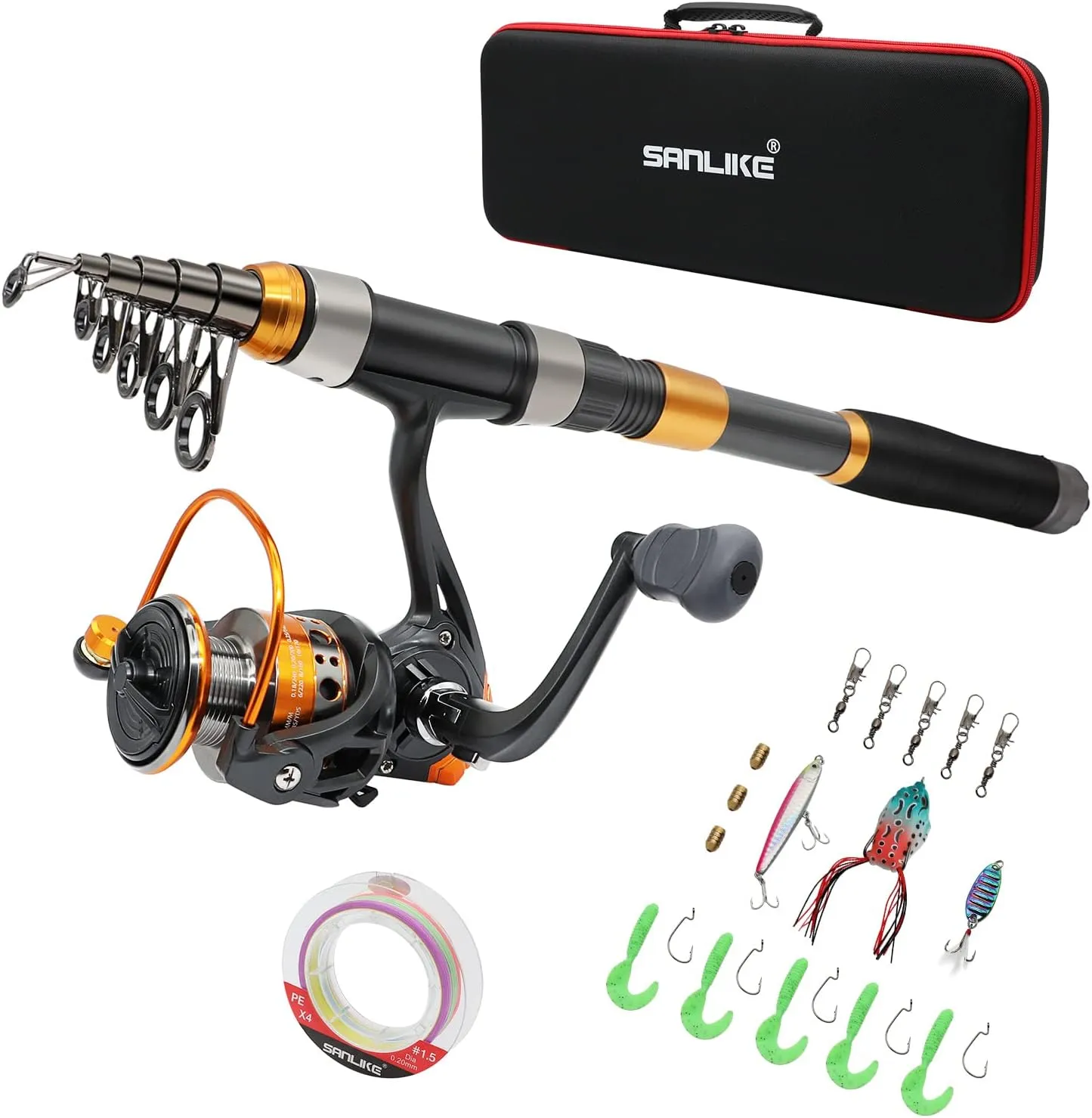 SANLIKE Fishing Rod and Reel Combos, Carbon Fiber Telescopic Fishing Pole Combo Set Quick Set Spinning Reel with Lures Accessories Travel Kit and Carrier Bag for Saltwater Freshwater