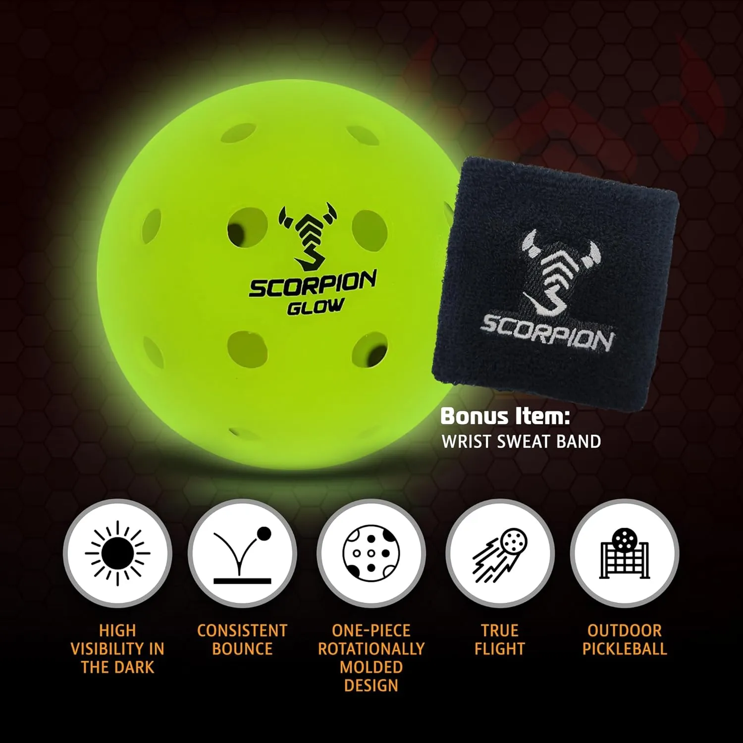 SCORPION 3-Pack Glow in the Dark Pickleballs - True Flight Outdoor Pickle Balls - Bright Sports Balls for Pickleball at Night - Consistent Bounce & Balance, 40 Holes for Precision & Control - 26 Grams