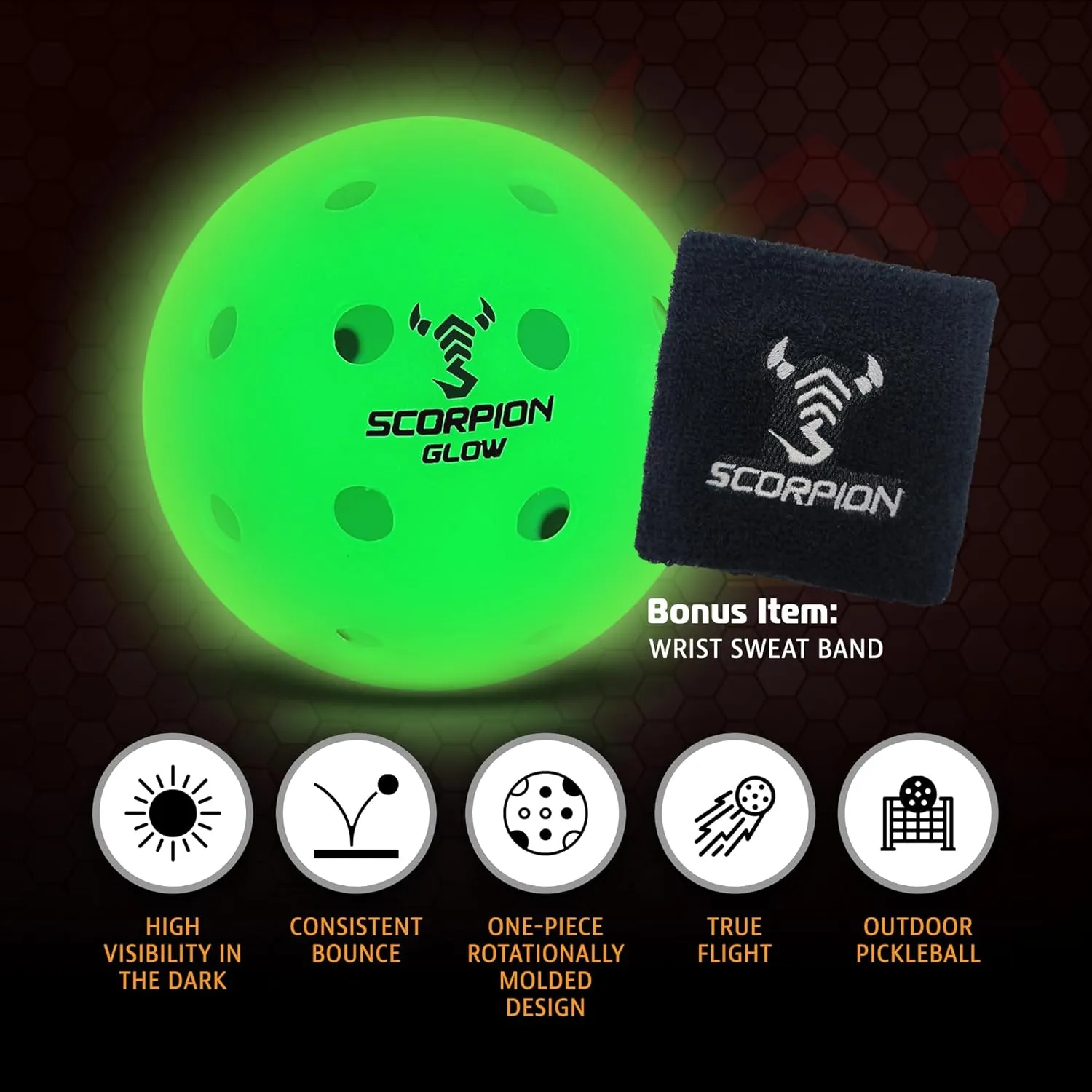 SCORPION 3-Pack Glow in the Dark Pickleballs - True Flight Outdoor Pickle Balls - Bright Sports Balls for Pickleball at Night - Consistent Bounce & Balance, 40 Holes for Precision & Control - 26 Grams