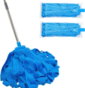 Screw On Microfiber String Mop, One Stainless Steel Pole   Two Blue Microfiber Cloth Mop Heads